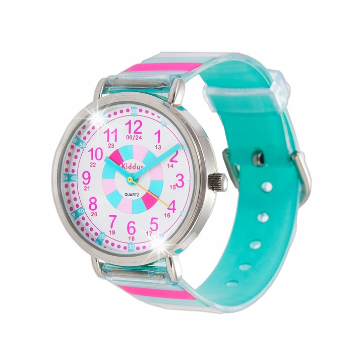 Ceas copii Kiddus, model Time Teacher, roz si turcoaz, mecanism japonez, rezistent la apa, ajustabil