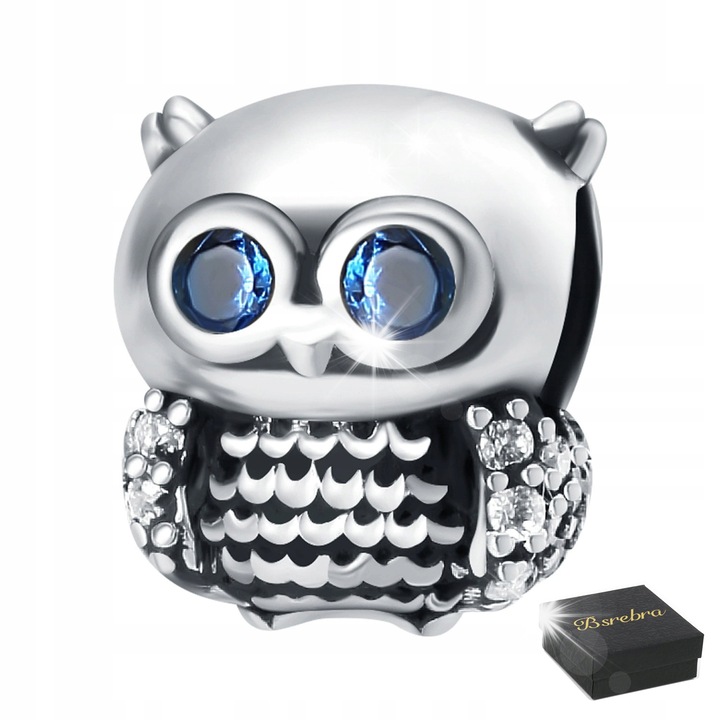 Charm din argint 925, design bufnita, cu zirconii, 9x8mm, set bijuterii