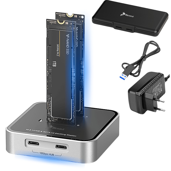 АДАПТЕР SSD m.2 NVME PCIe SATA NGFF BOX ЗА 2 M2 диска USB 3.2 USB-C REAGLE