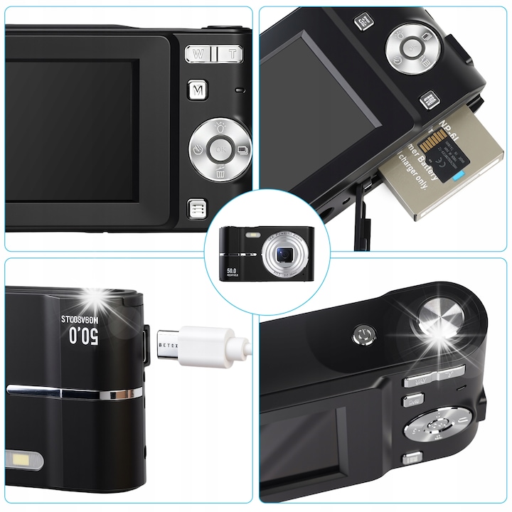 Aparat foto compact, 50 MP, 4K, 2,4 inch, cu cablu USB, curea, card de memorie