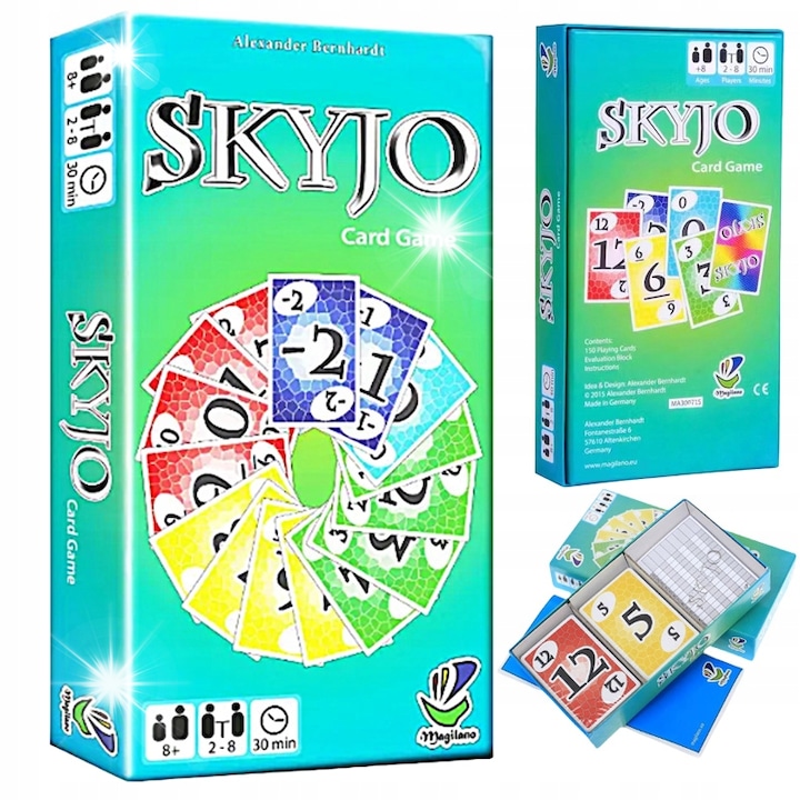 Skyjo - Joc de societate, 2-8 jucatori, 150 carti colorate, 30 minute, 3x4cm