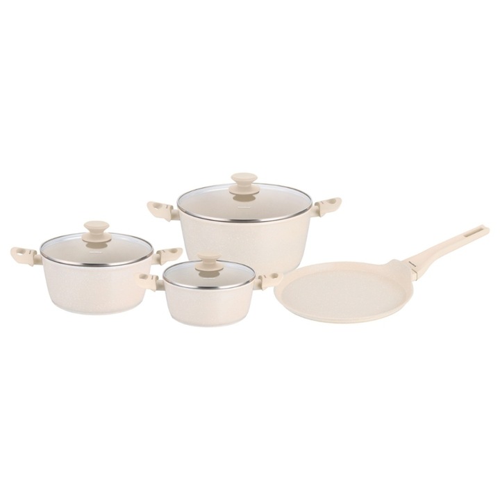 Klausberg 7 részes edény- és serpenyőkészlet, márvány, bézs, palacsintasütő serpenyővel