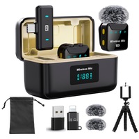 Set 2 Microfoane Lavaliera Profesionale CLIFFIN®, Microfoane Wireless cu reducere zgomot prin tehnologie AI, 360° HD, display LED, carcasa magnetica incarcare 780 mAh, autonomie 24h, USB-C, adaptor Lightning si USB, compatibil Android, iOs, laptop