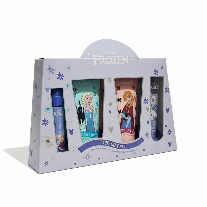 Set Cadou Copii Disney Frozen – Body Gift Set pentru Copii, Gel de Dus, Spuma de Baie, Spray Parfum, Sare de baie Sclipitoare, 4 piese