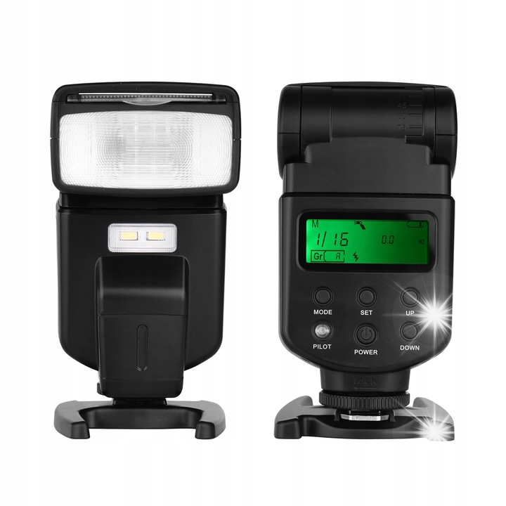 Andoer Speedlite GN40 vaku, 8 teljesítményszint, 90° függőleges és 270° vízszintes elforgatás, fekete, 17.4x6.8x4cm, teljes készlet