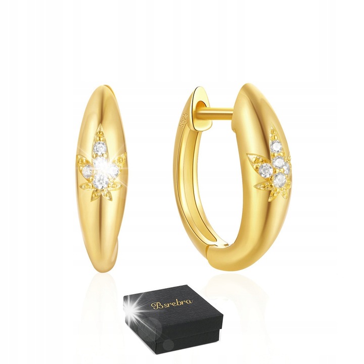 Cercei din argint 925, Bsrebra, placati cu aur de 18K, zirconii, 9mmx13.1mm