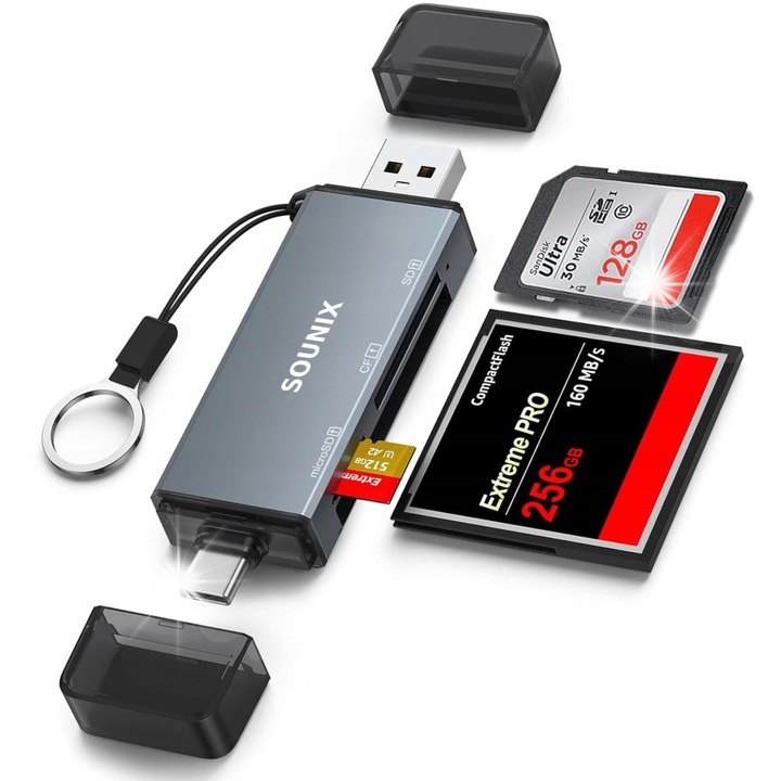Четец за карти Sounix 3 в 1 SD TF CF, USB-A и USB-C интерфейс, бърз трансфер 20MB-50MB/s, алуминиев, преносим