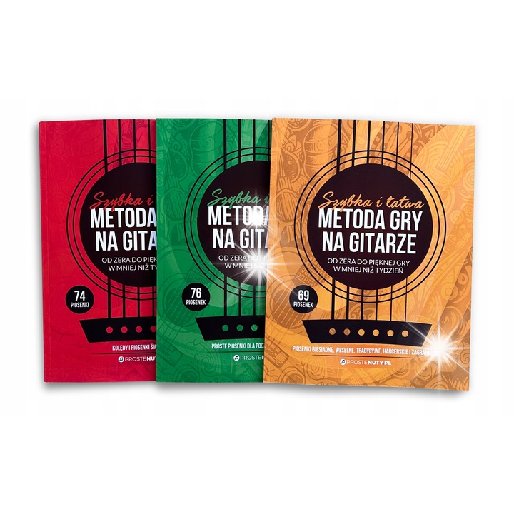 Pakiet 3 książki z serii Szybka i łatwa metoda gry na gitarze, 3 carti pentru incepatori, 219 melodii, video curs, multicolor