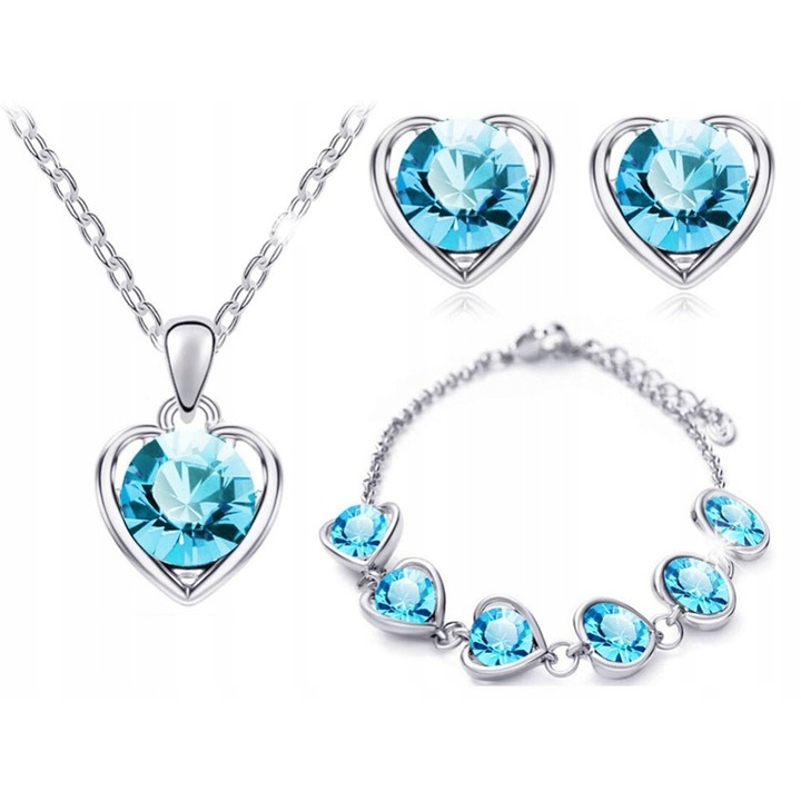 Set bijuterii dama, Lovrin, design inimioare albastre, placate cu argint, colier 45cm, bratara si cercei 2x1,5cm