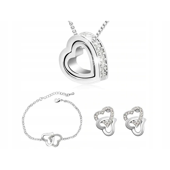 Set bijuterii dama, placat cu argint Lovrin, model inima dubla, argintiu, 45cm