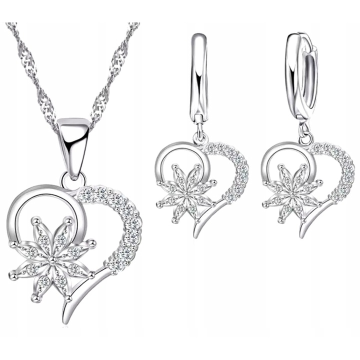 Set Bijuterii Argintiu LOVRIN: Colier 47cm cu Pandantiv Inimioara si Floare, Cercei 3, 5cm cu Zirconii
