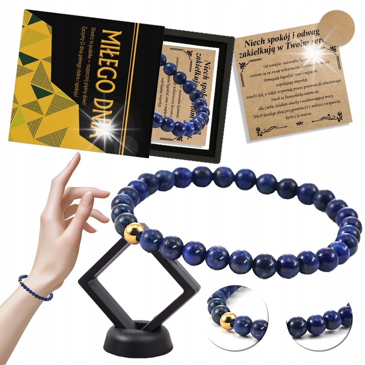 Bratara din lapis lazuli cu margele aurii, set cu cutie de prezent, 18 cm, violet