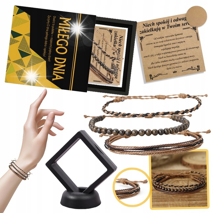 Bratara dama din bronz natural si snur, multicolor, set de 3 piese, circumferinta reglabila 17x32 cm