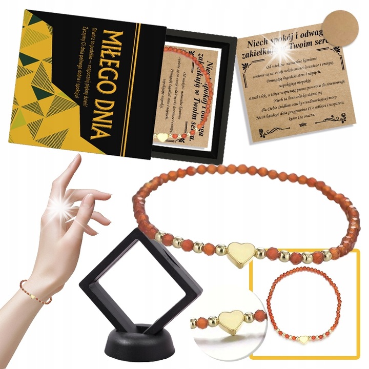 Bratara dama cu inima din carnelian, 18 cm, portocalie, set cu cutie de cadou