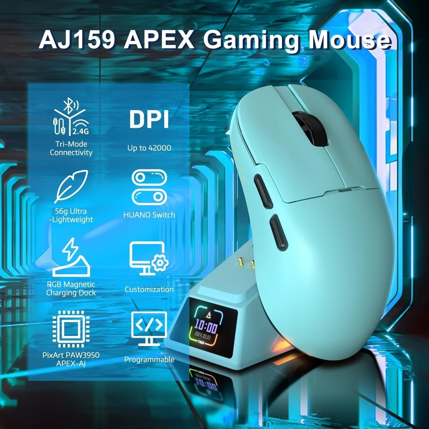 匿名 Mouse de gaming AJAZZ AJ159 APEX, 42000 DPI, 3 moduri de conectare
