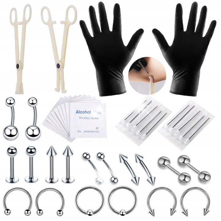 Set profesional de piercing 42 piese, 16G si 14G, inox