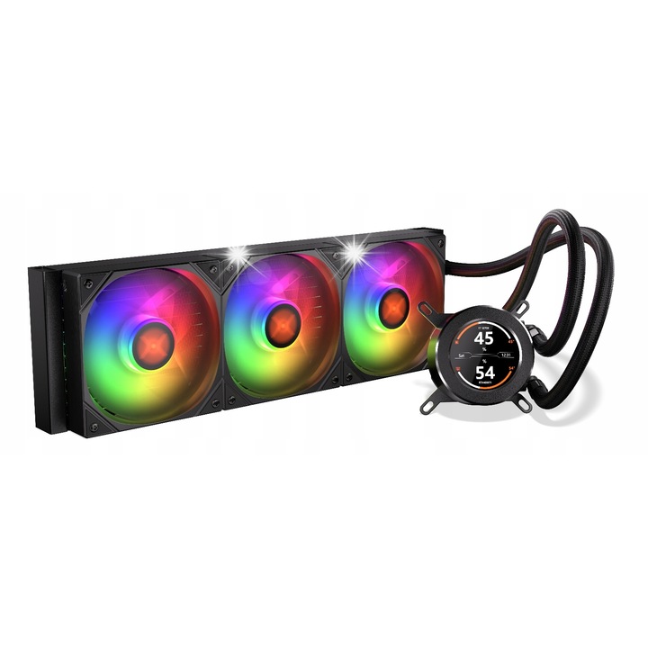 Krux HydroGlance 360 ARGB LCD течно охлаждане за процесор, 3 вентилатора, черно