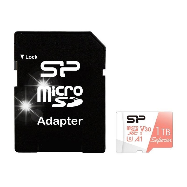 Carda memorie microSDXC 1TB Silicon Power V30 UHS-1 U3 A1 cu adaptor, neagra, dimensiuni 5,0x11,0x1,0mm