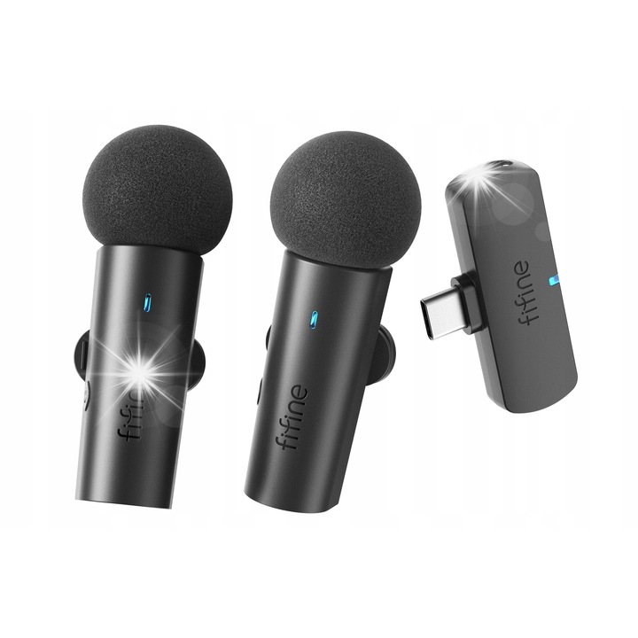 Mikrofon krawatowy, FIFINE M8, wireless, omnidirectional, 2x microfoane, 1x receptor, 1x etui, 1x cablu de incarcare, negru