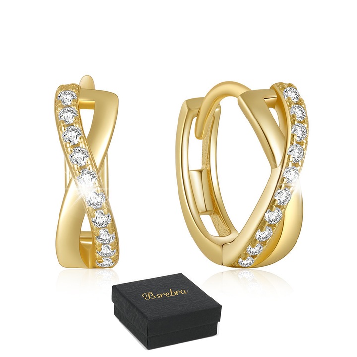 Cercei dama, Bsrebra, argint 925 placat cu aur 18K, zirconii, 9mm, 1.45g
