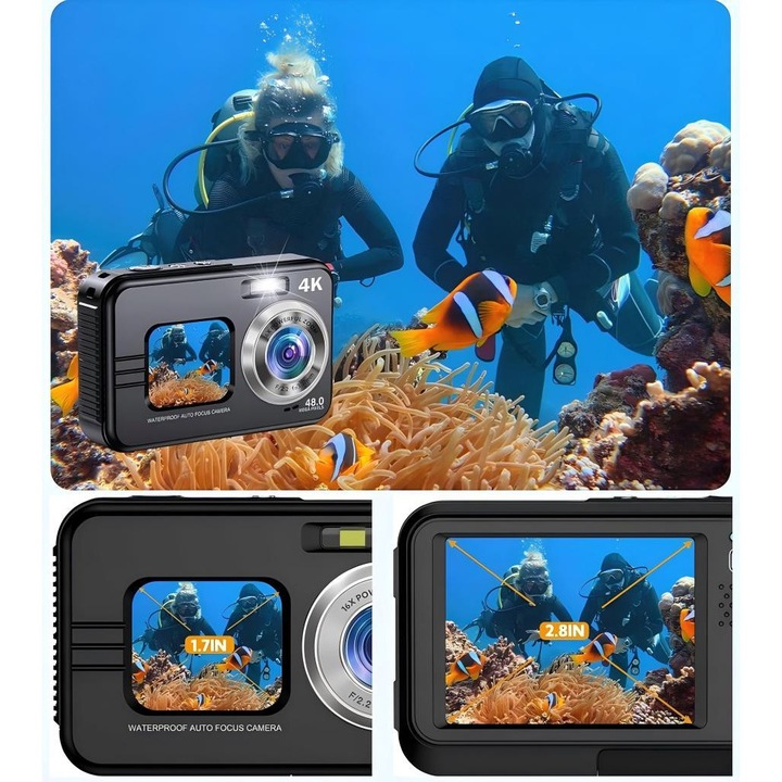 Camera digitala subacvatica compacta 48MP, rezistenta la apa, cu autofocus, 32G, albastru si negru