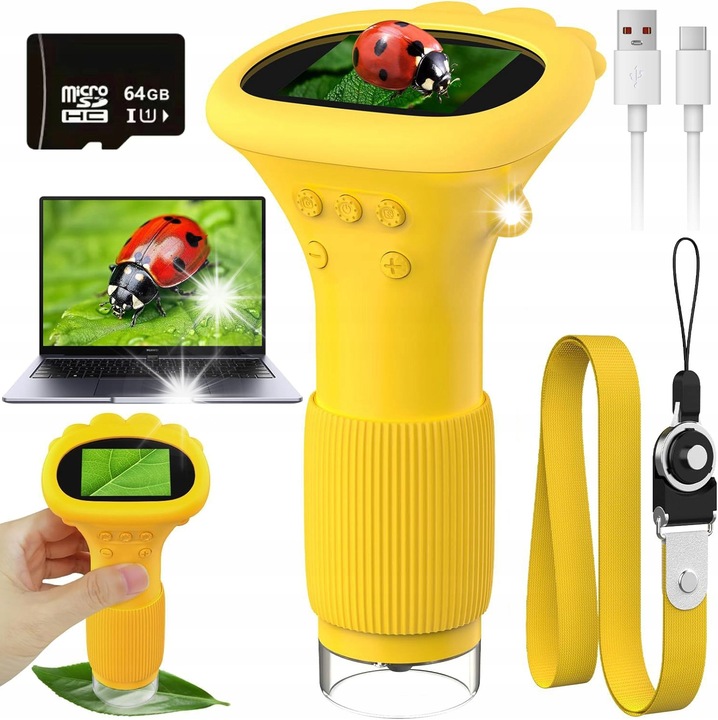 Детски цифров микроскоп, 1000x, LED, преносим, 2" екран, 64 GB Micro SD включен, USB-C порт