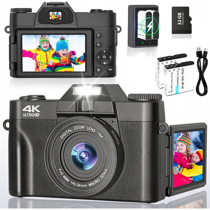 Camera video 2.7K FHD, 40 MP, zoom 16X, ecran rabatabil 180°, cu card 32GB, negru