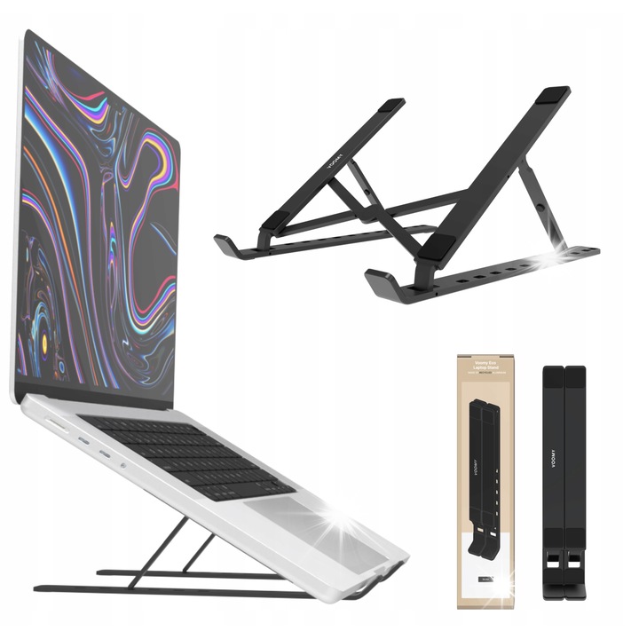 Suport laptop Voomy ECO T5, aluminiu reciclat, negru, 45x245x15mm, ajustabil 45-200mm, unghi 10-40°