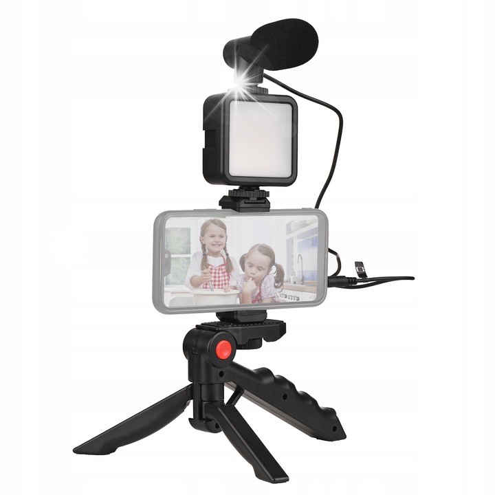 Set mobil pentru vlog AY-49, stativ cu microfon si lampa LED, 23,5x18x4cm, portabil
