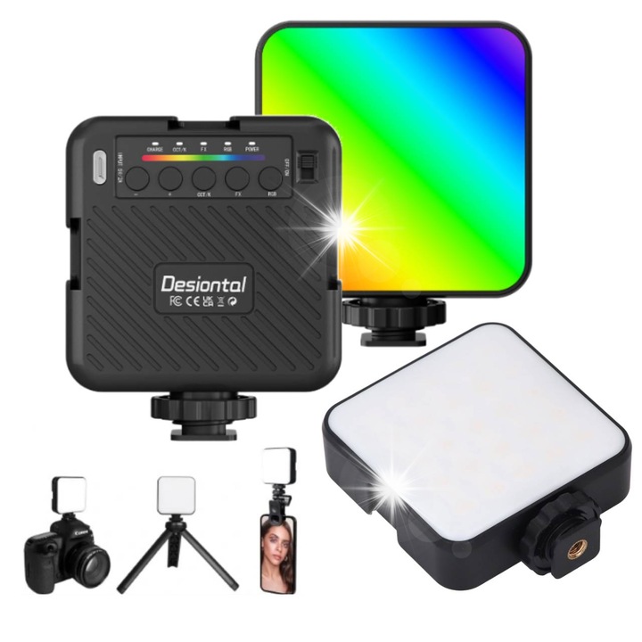 Lampa video RGB LED, 3000-6500K, 1200 mAh, 3 temperaturi de culoare, 8 niveluri de luminozitate