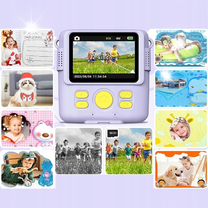 Aparat foto digital pentru copii, 32 GB, 2,4 inch, violet, set complet