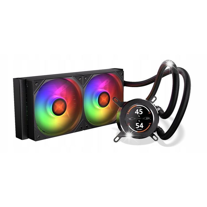 Krux HydroGlance 240 ARGB LCD течно охлаждане за процесор, 2 вентилатора, черно, 120x277x52мм