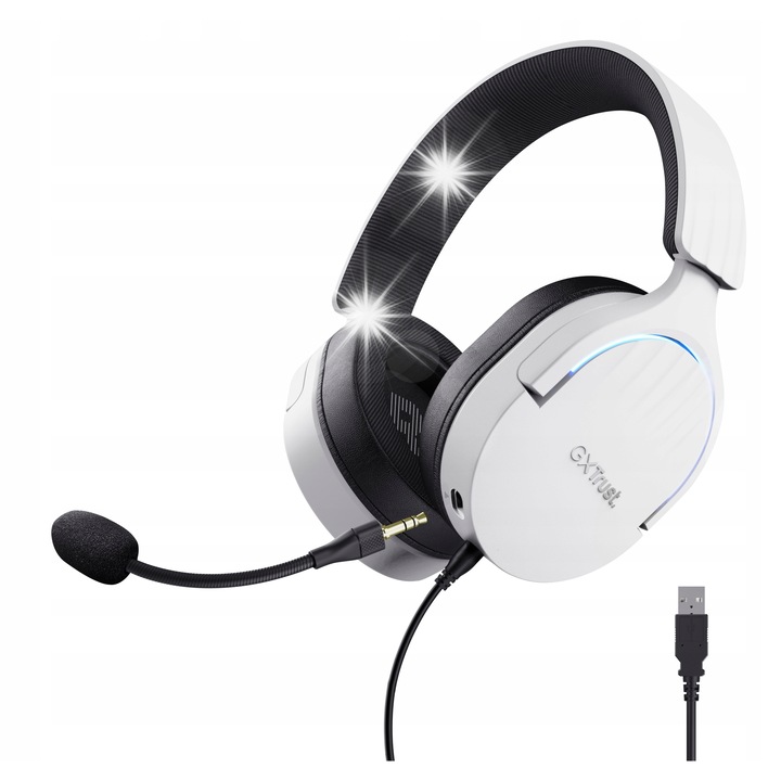 Casti gaming, Trust, GXT 490W Fayzo, 7.1, alb, 18x20x9cm, set cu cablu USB de 2m