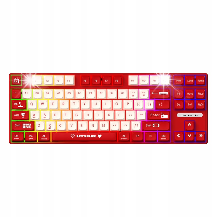 Tastatura mecanica Royal Kludge RK61, 61 taste, switch-uri rosii, iluminare RGB, alb, conectivitate wireless 2.4G/Bluetooth