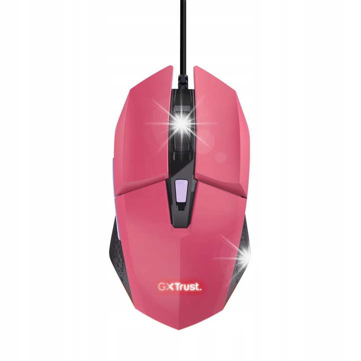 Mouse gaming cu fir, Trust, roz, 200-6400 DPI, iluminare LED, 6 butoane, 1,5 m cablu