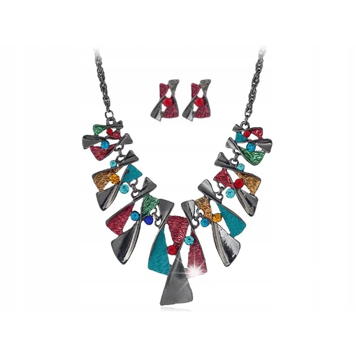 Set bijuterii, Lovrin, colier si cercei, design elegant, argintiu, multicolor, 47cm