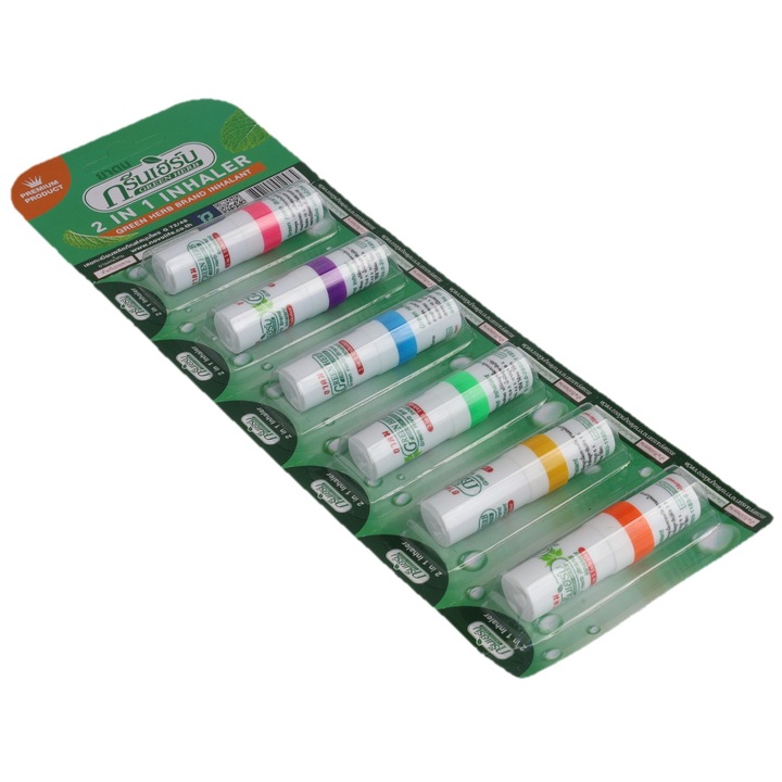 Комплект стикове за запушен нос Green HERB 2 in 1, Инхалатор за нос, С 5 етирични масла, 6х 2 мл