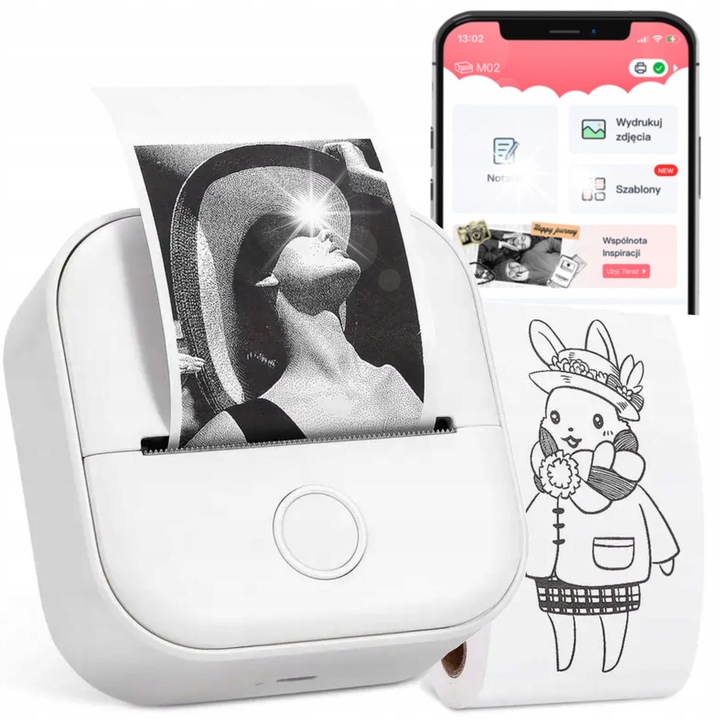 Преносим термопринтер Phomemo D-T02, бял, Bluetooth, 48мм, пълен комплект със самозалепваща хартия и USB кабел