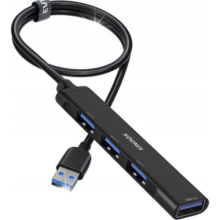 Hub USB Sounix 4 portos, 1x USB 3.0, 3x USB 2.0, alumínium, fekete