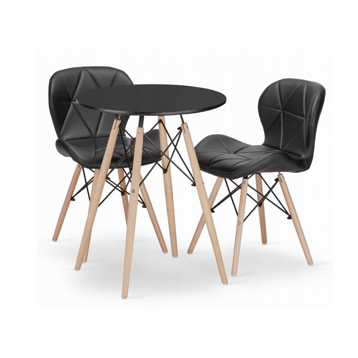 Set masa rotunda stil scandinav + 2 scaune Lago piele ecologica, Artool, MDF si lemn, negru, 60x72 cm