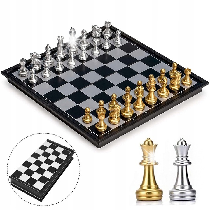 Set de sah magnetic portabil, dimensiune 25x12.5x4cm, culori aurii si argintii, material ecologic