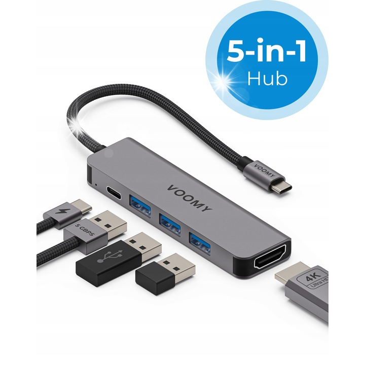 USB Hub elosztó 8 portos, USB 3.0, USB-C, kártyaolvasó, 3,5 mm, hordozható