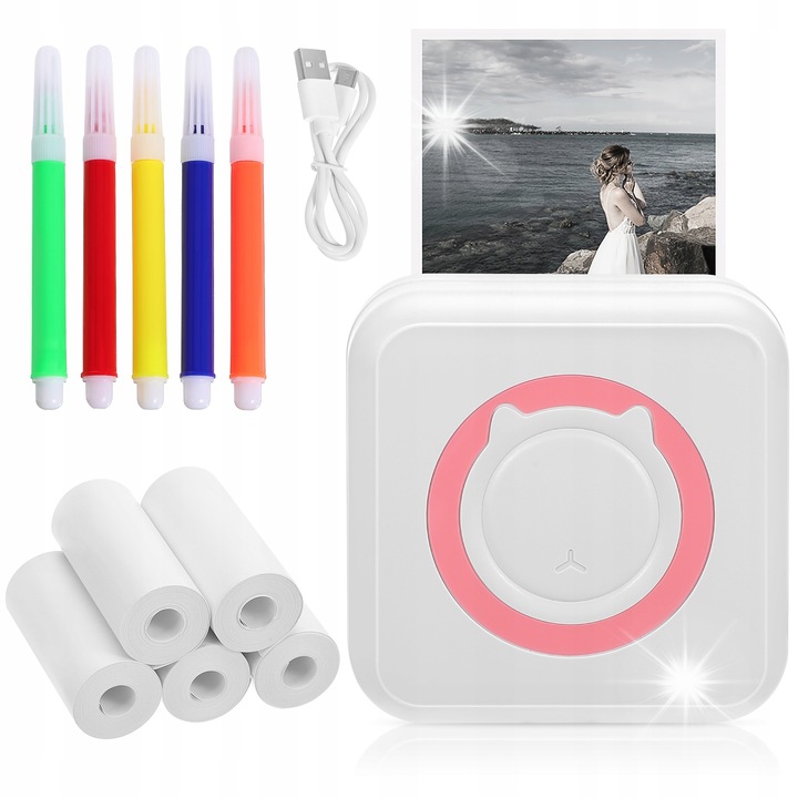 Мини термопринтер, розов и бял, комплект с 10 ролки хартия и 5 химикалки, 8.50x8.50x4.00см