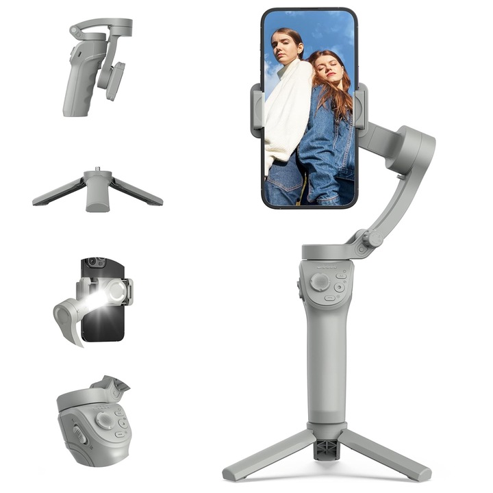 Stabilizator pentru telefon, Wacorresi®, 3 axe, 3600 mAh, Portabil si Pliabil, cu telecomanda detasabila, Urmarire automata AI Tracking, aplicatie compatibila iOS si Android, trepied inclus, Gri