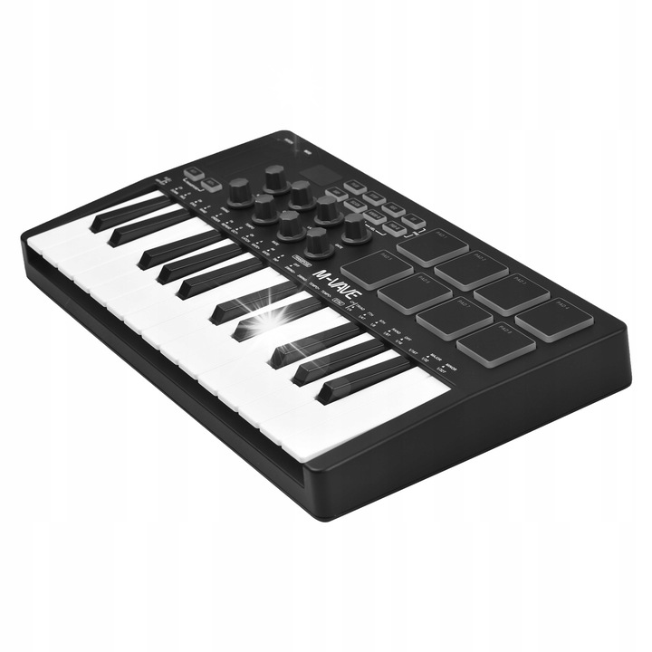 M-VAVE hordozható MIDI vezérlő 25 érzékeny billentyűvel, 8 RGB paddal, 8 enkóderrel, 321x178x46mm
