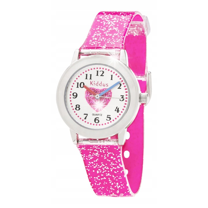 Ceas de mana pentru copii Kiddus, analogic, mecanism japonez, rezistent la apa 50m, 33x38x8mm, curea din cauciuc-silicon 22cm