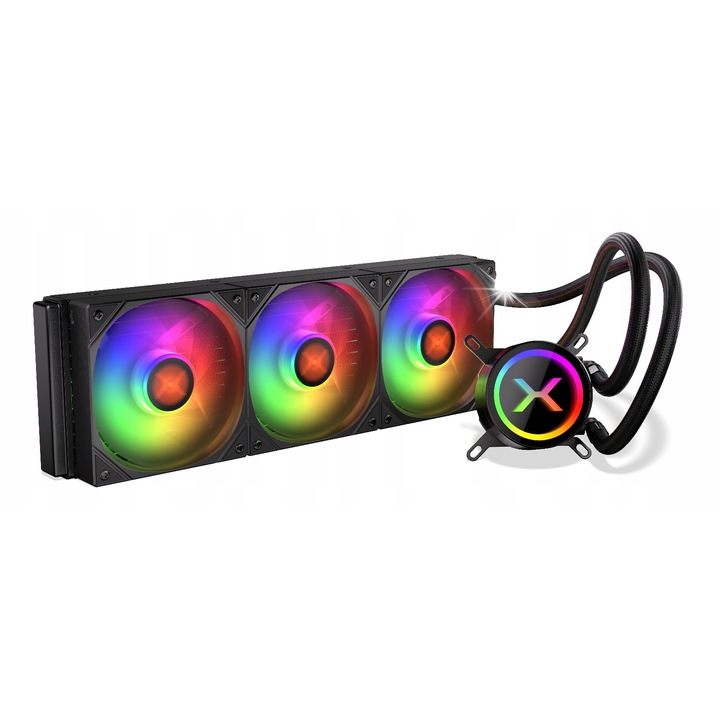 Течно охлаждане за процесор Krux HydroX 360 ARGB, 3 вентилатора 120 мм ARGB, ефект инфинити огледало, черно