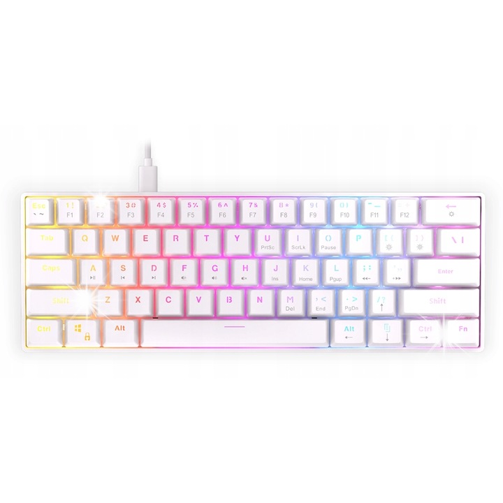 Tastatura mecanica Krux Qara 60%, RGB, alb, 61 taste, cablu detasabil USB
