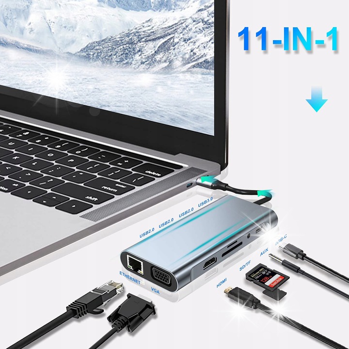 USB-C Hub 11 az 1-ben, HDMI 4K, VGA, 3x USB 3.0, SD, micro SD, RJ45, mini Jack, Space Grey, 131x61x17mm, készlet
