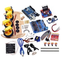 Smart Car Robot Kit with Intelligent Obstacle Avoidance, featuring a four-wheel drive chassis, UNO R3, and ultrasonic senso
